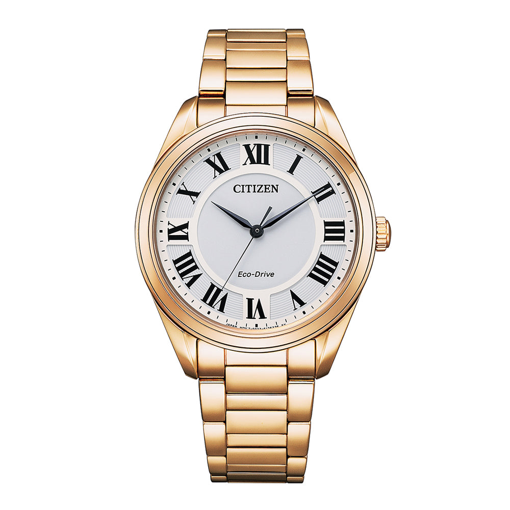 Citizen Ladies Eco Drive Wr50m Watch Gold Plated Band White Dial With Roman Numerls
