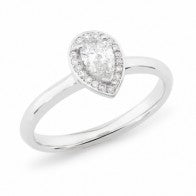 18K Wg Ring Dia 1X.30Ct Pear Claw 20=.08Ct App. Si Gh Bead Halo Rounded Shank