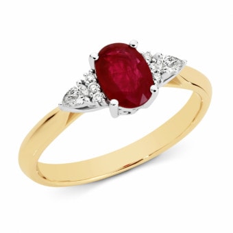 9Ct 2 Tone Nature Oval Ruby 6Xdia 2Pt Si3 Jk Claw Ring