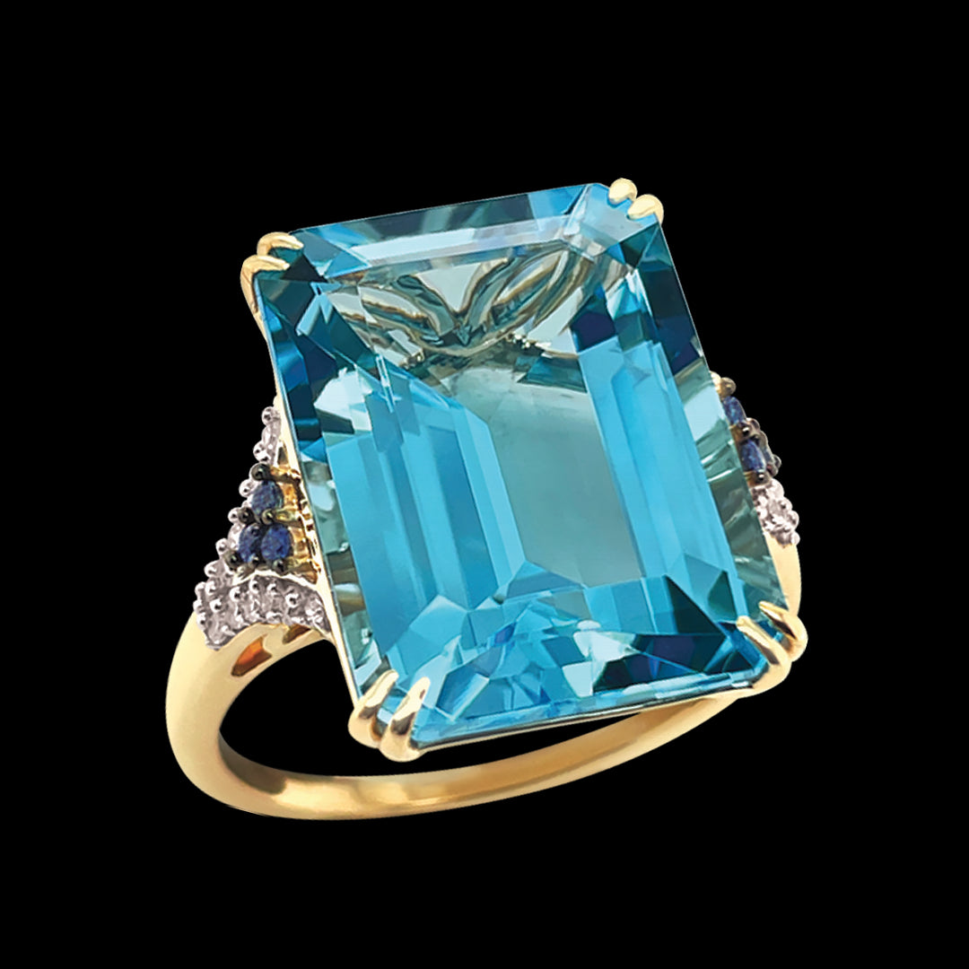 9 Carat Yellow Gold Blue Topaz 14.5Ct Saphire&Diamond Ring