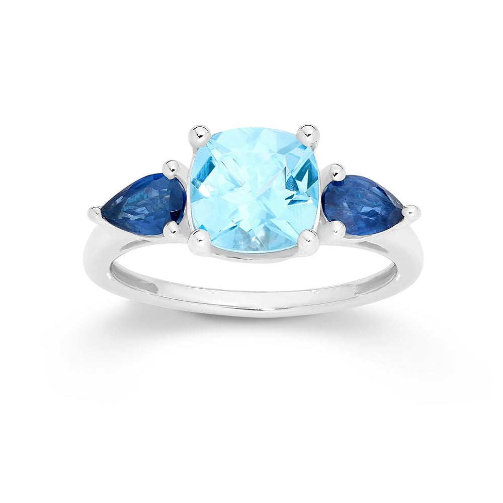 9K White Gold Blue Topaz & Blue Sapphire Ring Xmas23 0704