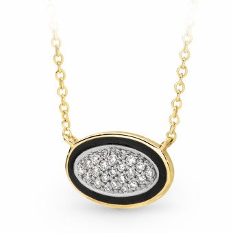 9Ct Yellow Gold Black Enamel Halo Oval Diamond Pendant On 45Cm Cable Chain