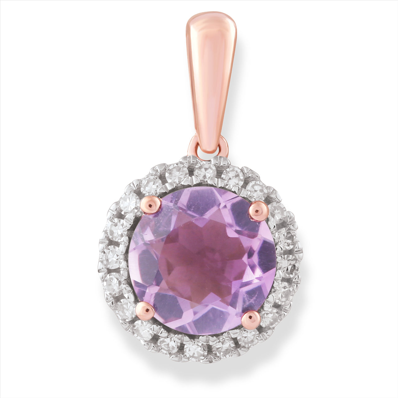 9Ct Rose Gold 0.12Ct Hi I1 Diamond Pink Amethyst Pendant Xmas23 0709