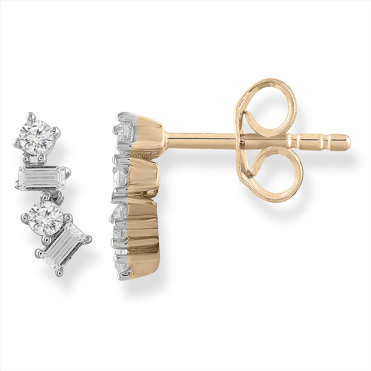 9Ct Yellow Gold Baguettes And Round Diamond Studs 0.15Ct