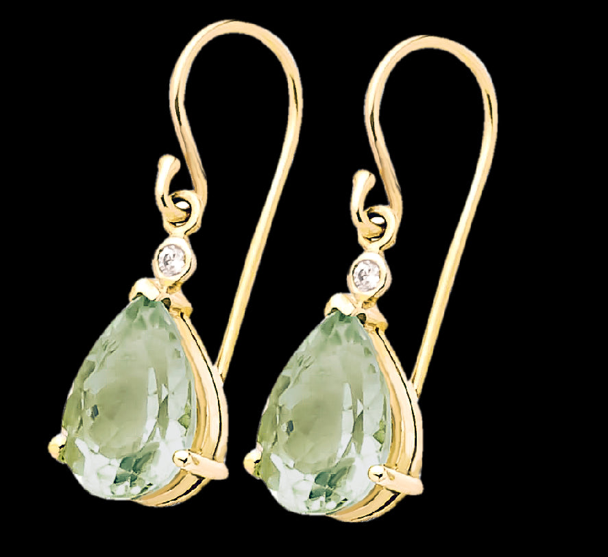 9Ct Green Amethyst (9Ct) 13X8mm Teardrop & Dimond =.06Pts Earrings