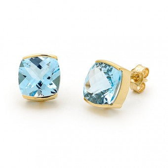 9K Yellow Gold Blue Topaz Cushion End Set Stud Earrings