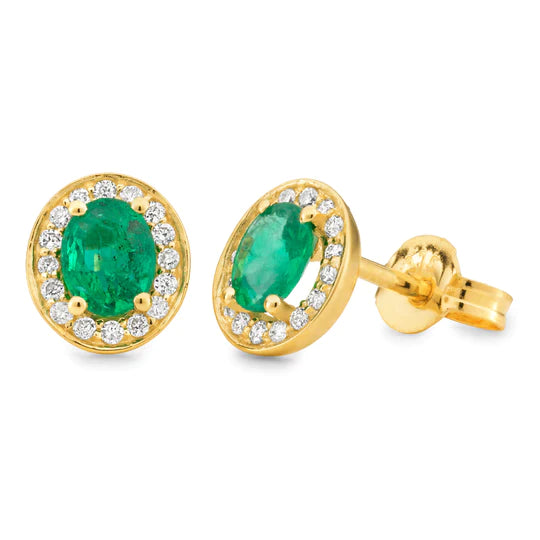 9Ct Yellow Gold D4-Si3 Diamond Halo Natural Emerald Stud Earrings