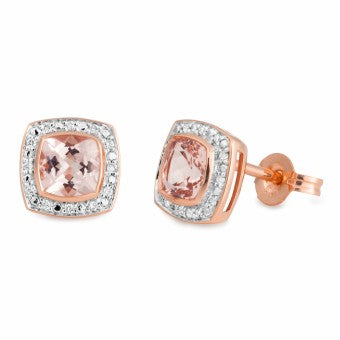 9Ct Rose Gold Stud Earrings 2X Cushion Cut Morganites Halo 12Ct Si3jk Diamonds