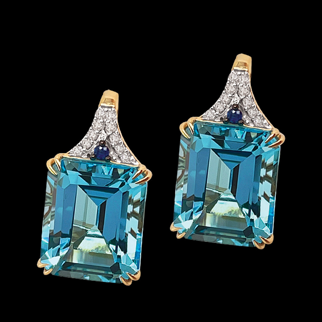 9Carat Yellow Gold Blue Topaz 15.6Ct Saphires &Diamonds Earrings