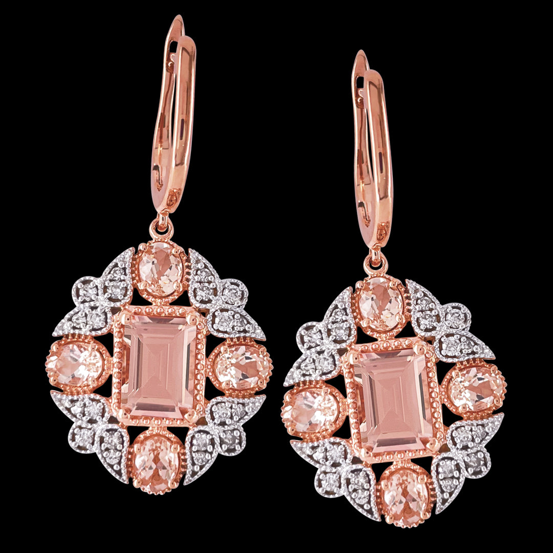 9 Carat Rose Gold Morganite And Diamonds Huggie Earrings