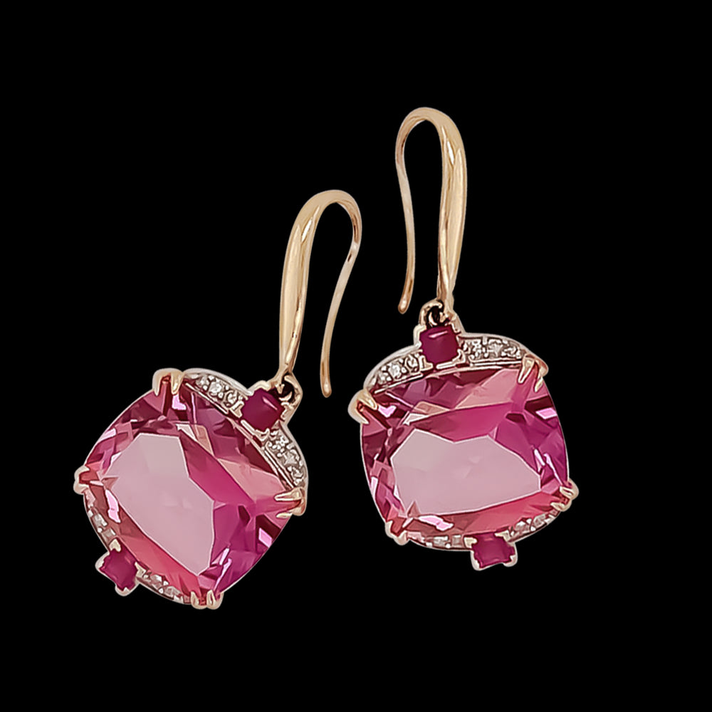 9Carat Yellow Gold Pink Topaz Diamonds & Rubies Hook Earrings