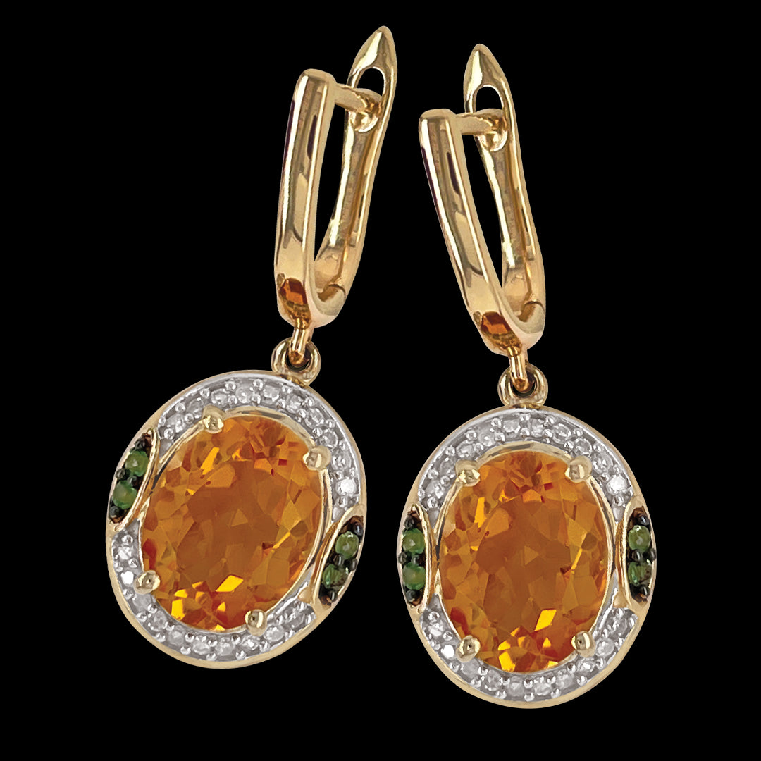 9Carat Yellow Gold Citrine Tsavorite Garnets & Diamonds Earrings