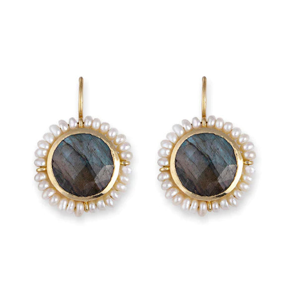 Sterling Silver Gold Plated Fresh Water Seed Pearls &Labradorite Hook Earrings