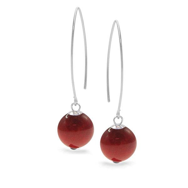 Sterling Silver Red Coral Drop Hook Earrings