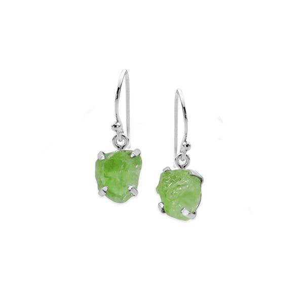 Sterling Silver Rough Peridot Claw Set Hook Earrings