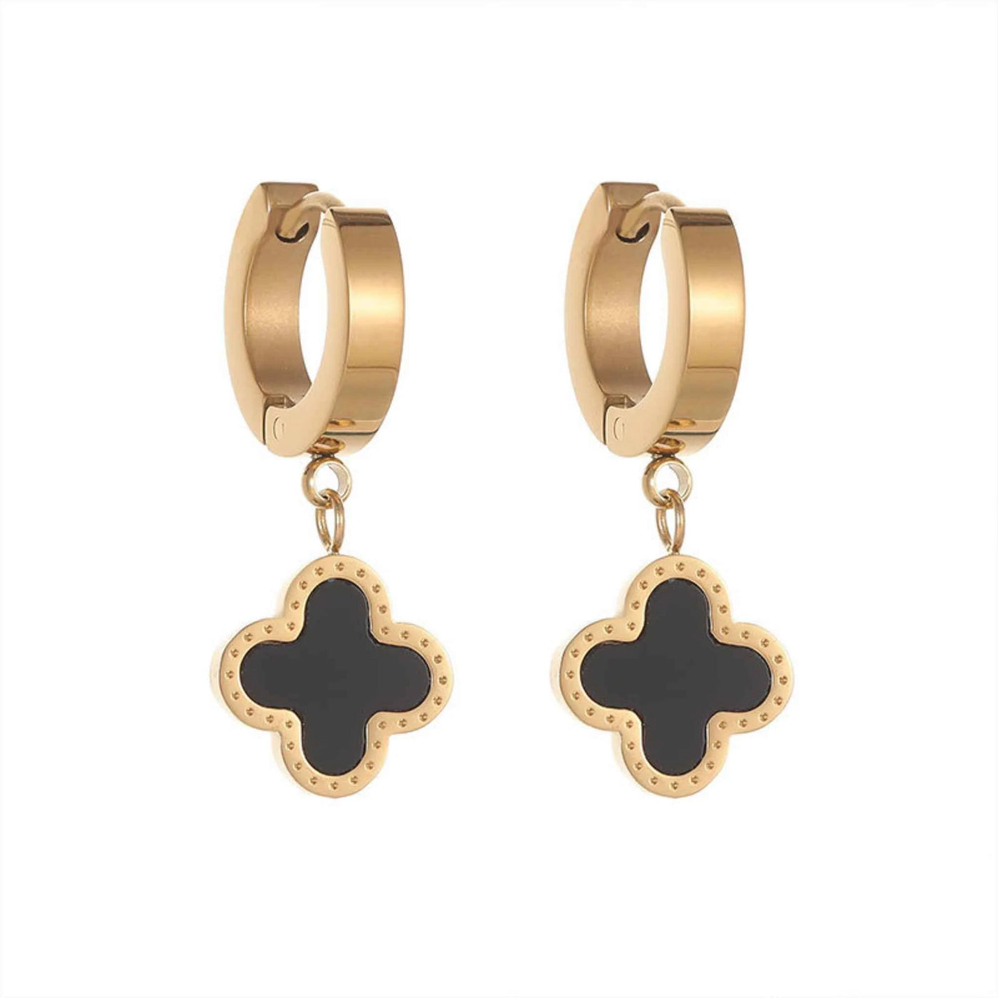 Gold Plated Stainless Steel Black Morrocan Clover Huggies