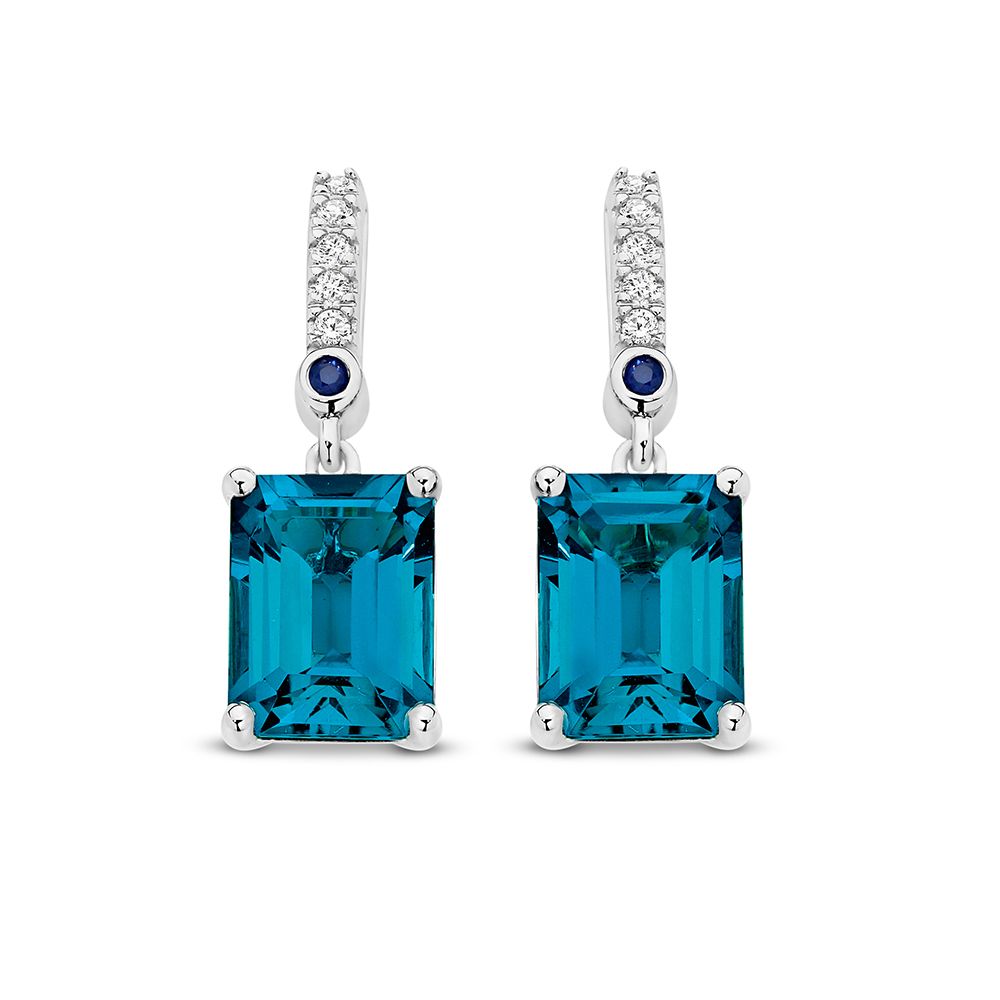 Xmas 23 0705 9Ct Wg Blue Topaz&Sapphire &Diamond 0.04Ct Hi I1 Earrings