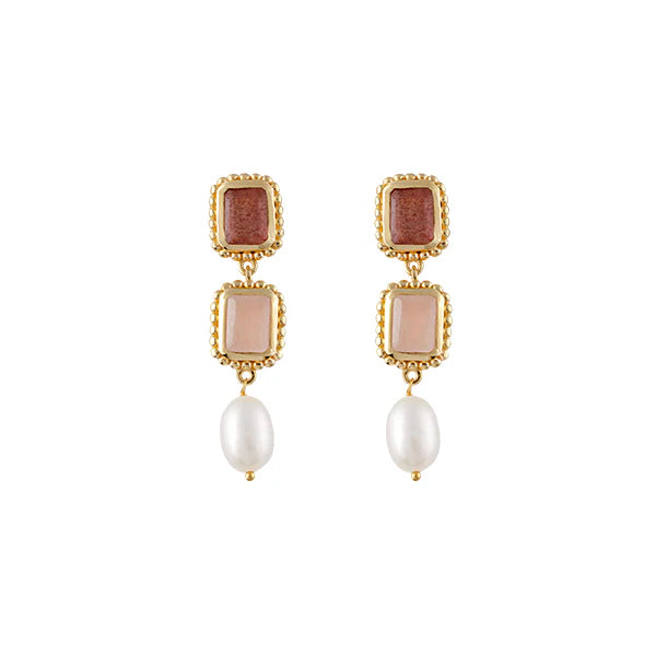 Maricar Strawberry & Rose Quartz Fresh Water Pearls S/S 18Ct Ygp Earrings