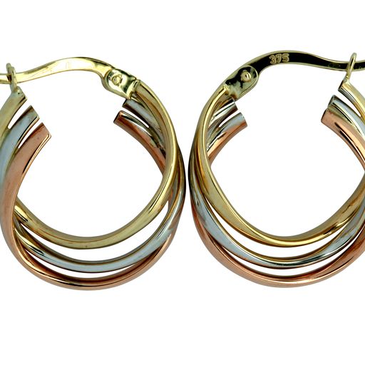 9Carat Three Colour Gold Crossover Hoop Earrings