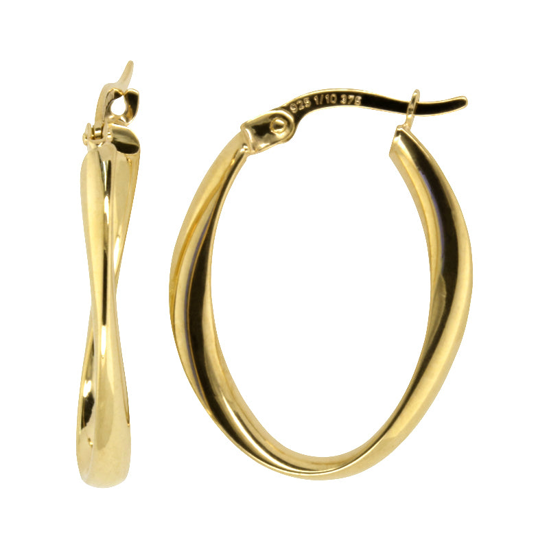 9 Carat Yellow Gold Silver Bonded Oval Twist Hoops