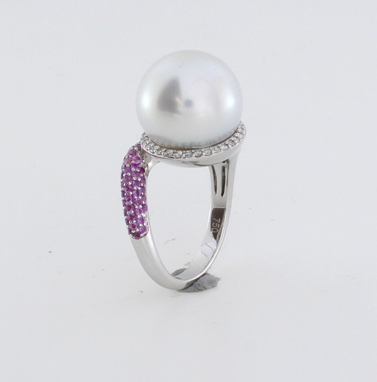 18Ct White Gold 13Mm South Sea Pearl With Pink Saphires Diamond Ring