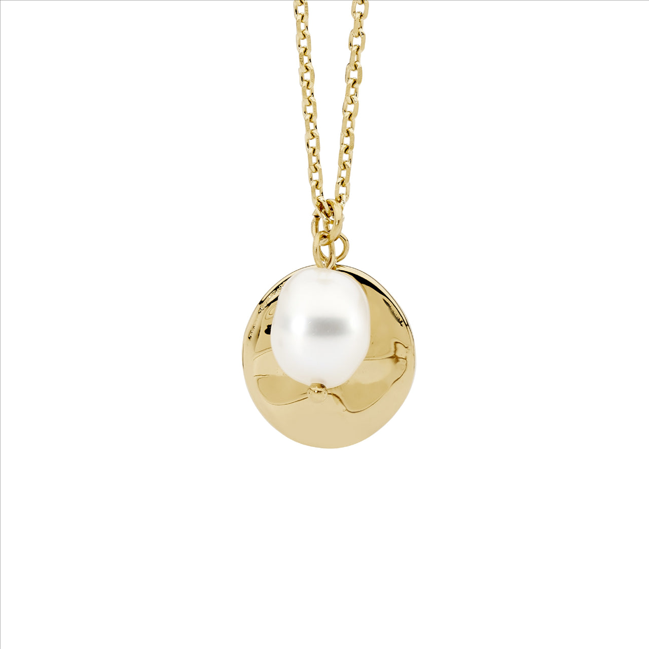 Yellow Gold Plated Chain With Disk And Fresh Water Pearl Pendant