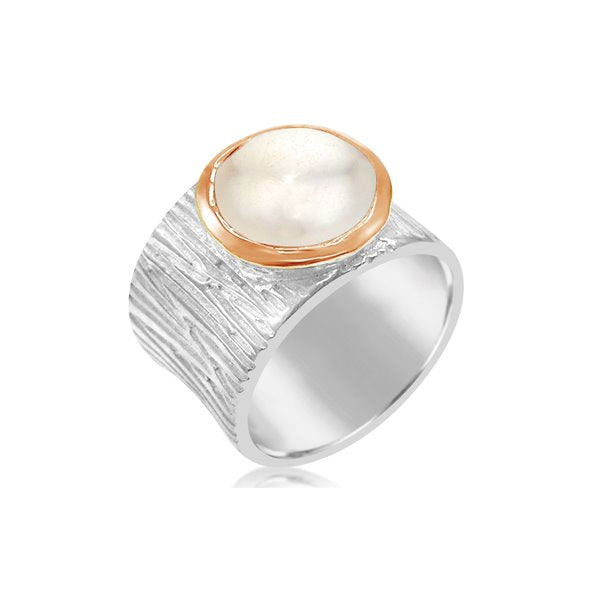Sterling Silver Wide Rose Gold Trim Ring With A Fresh Water Pearl Size 9