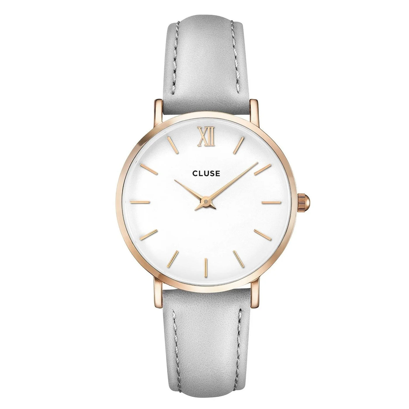 Cluse Minuit Rose Gold Whte Dial Gry Leather Band Analoque Quartz Watch