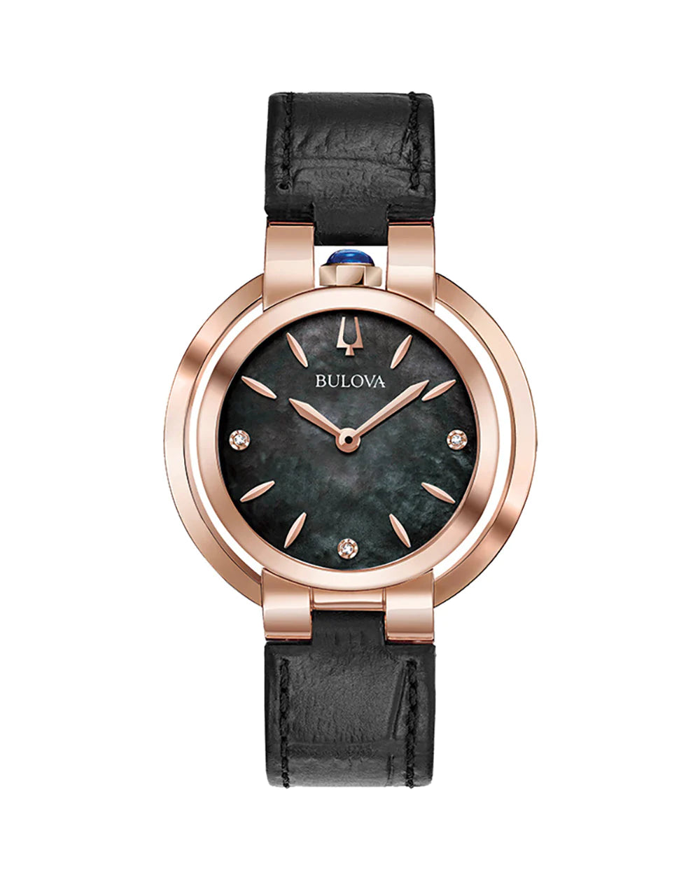 Bulova Ladies Wr Diamond Ss Rose Gold Plated Black Leather Strap Watch