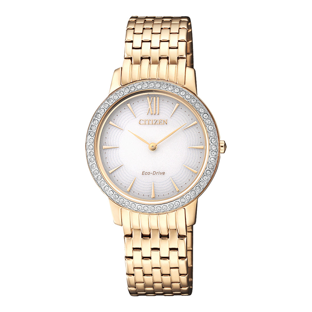 Citizen Eco-Drive Stainless Steel Gold Plated Wr50crystal Bezel Ladies Dress Watch