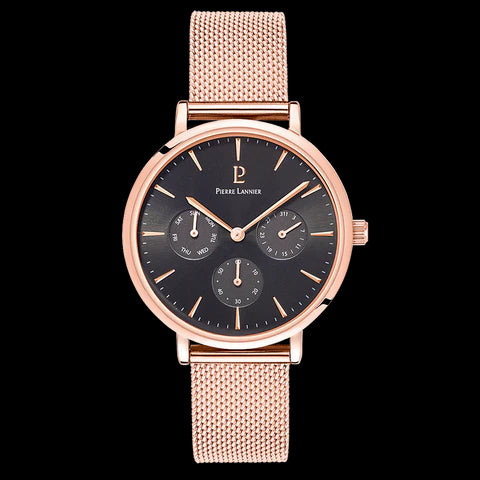 Pierre Lannier Multifunction Rose Gold Black/Rose Gold Mesh 36mm