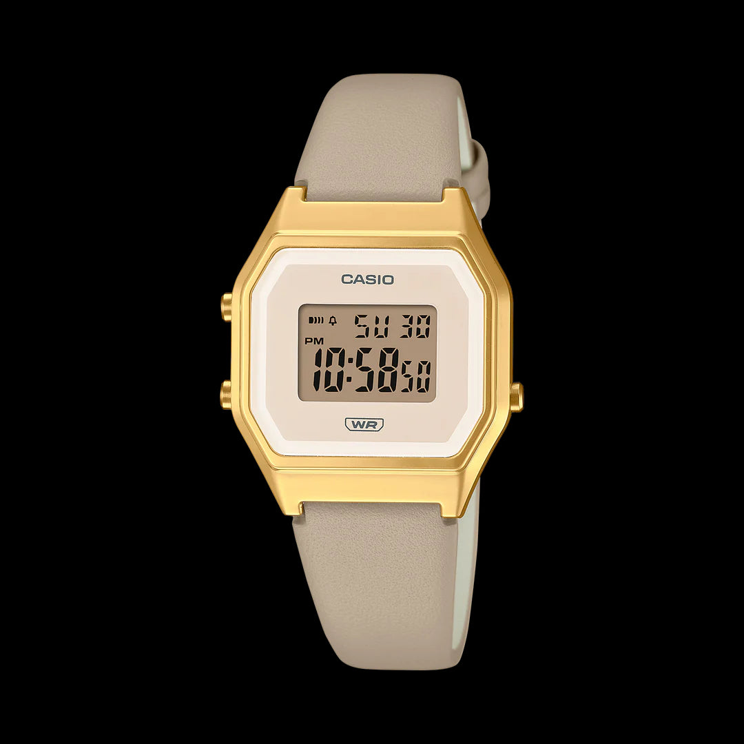 Casio Ladies Digital Stop Watch Gold Trim Light Brown Leather