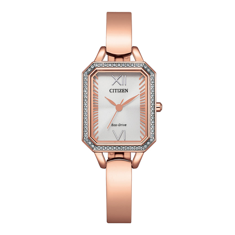 Citizen Rose Gold Plated Crystal Bezel Ladies Eco Drive 50M Wr Watch