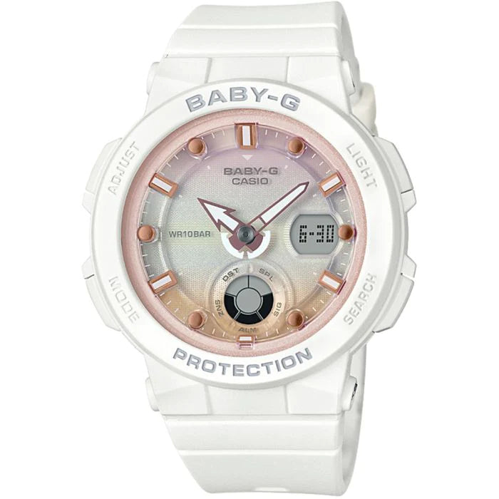 Baby G Duo Beach Traveller Alarm 100M Pink Face White Band