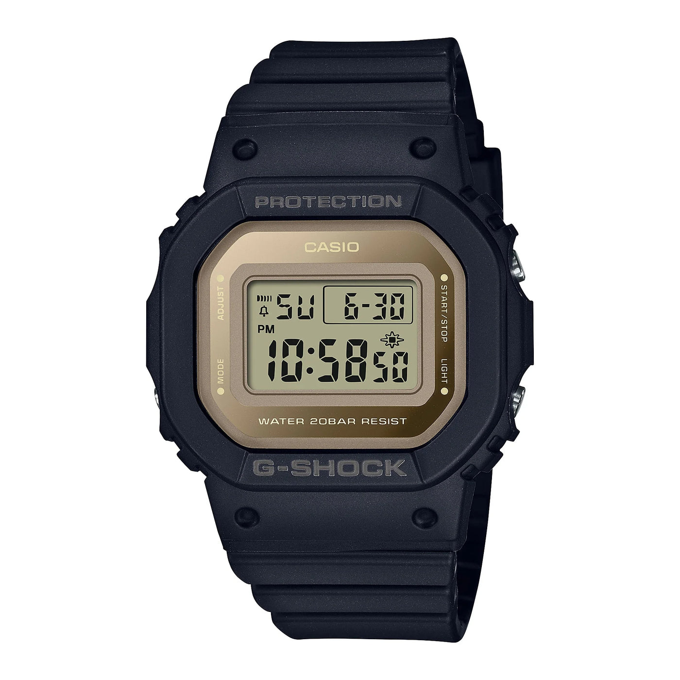 G-Shock Ladies Digital Alarm 200M Mettalic Gold Face Blk Resin