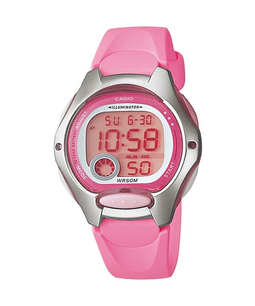 Ladies Mid Size Digital 10Yr Battery 50Mwr S/Steel Rim Pink Resin Band