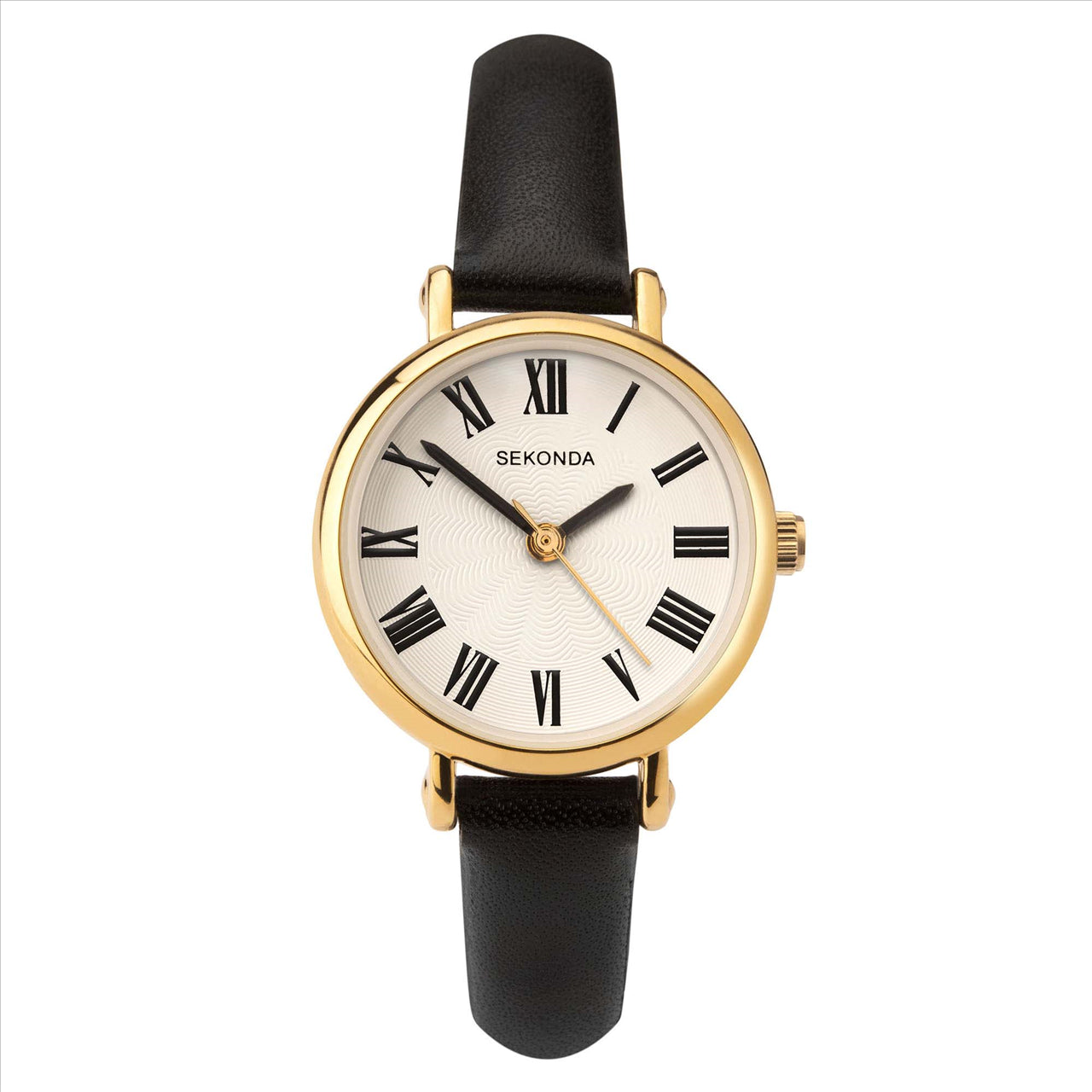 SEKONDA Gold Case Roman Dial Black Leather Strap