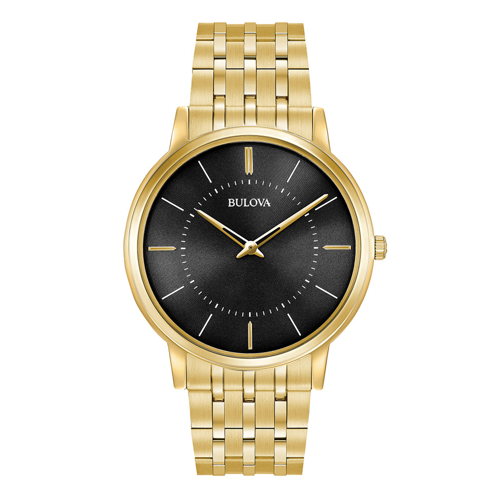 Bulova Classic Gents Wr Black Dial Gold Plated Stainless Steel Band Watch