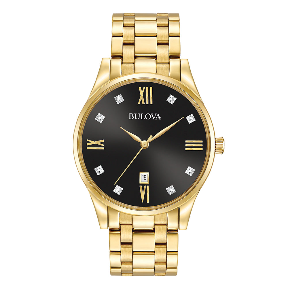 Bulova Diamond Gents Wr Gold Plated Stainless Steel Black Dial Dress Watch