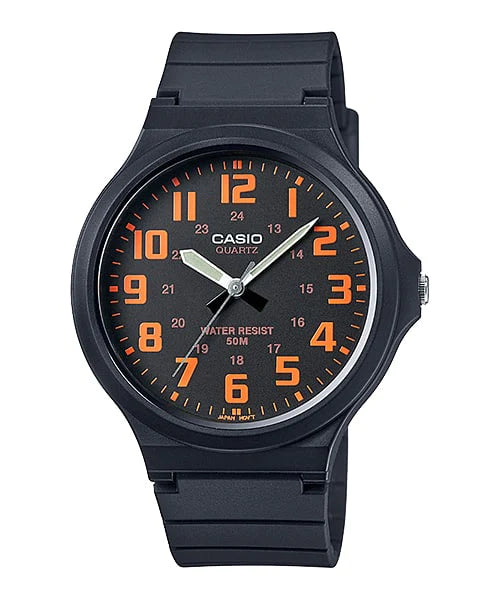 Casio Gents Analog Blk Face Orange Numbers 50M Wr Blk Resin