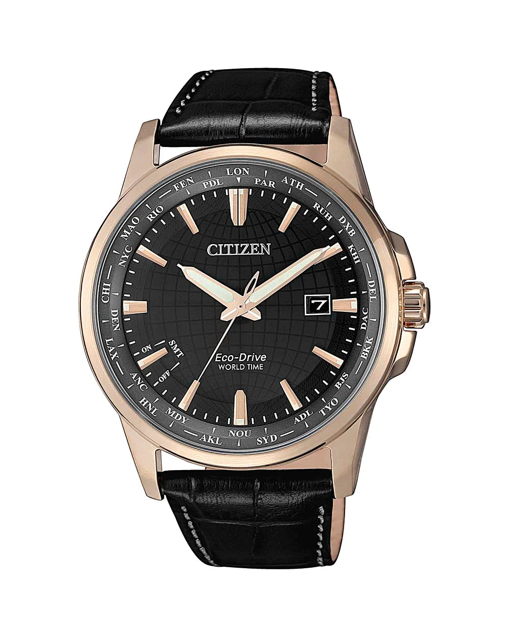 Citizen Gents Eco-Drive Rose Gold Plated Bezel Black Leather Strap Wr50m Watch