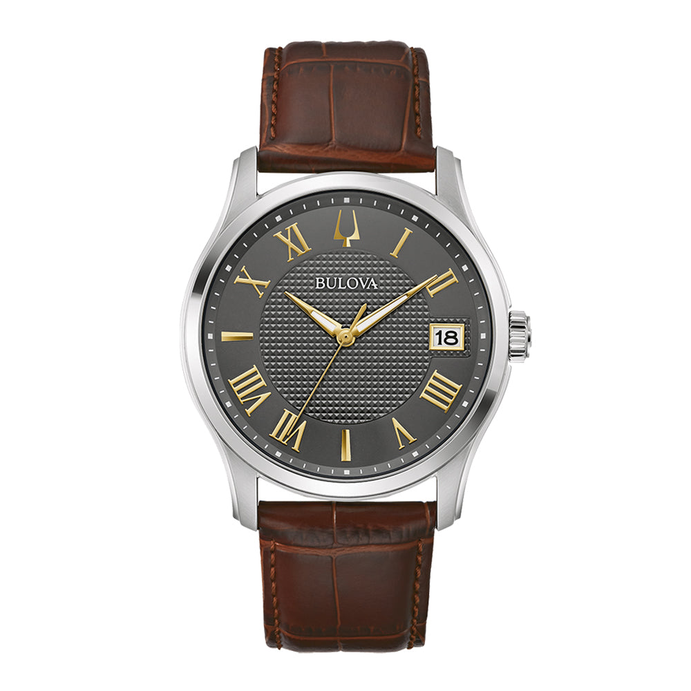 Bulova Classic Gents Quartz Wr30m Watch Brown Leather Strap Roman Numerals Dial