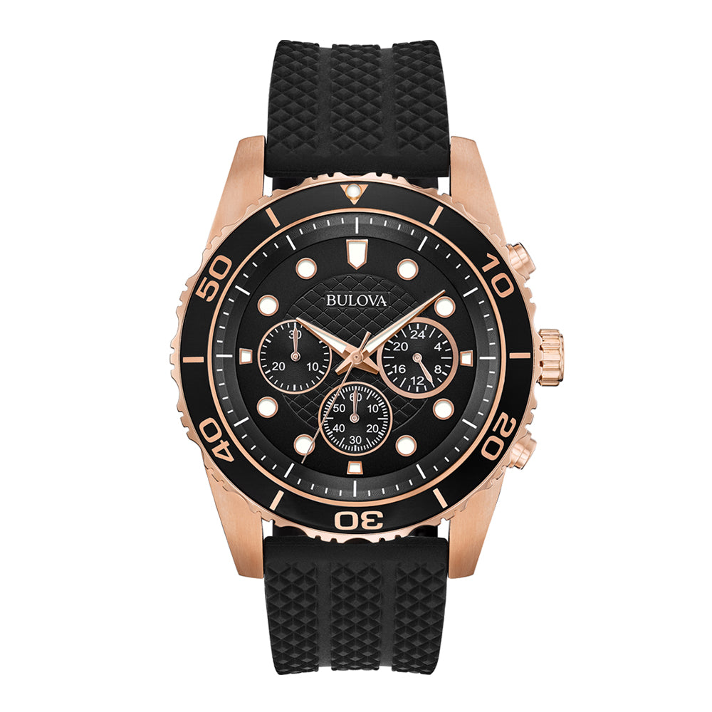 Bulova Rose Gold Plated Case Black Silicine Strap Chrono Quartz Wr100m Gents Watch