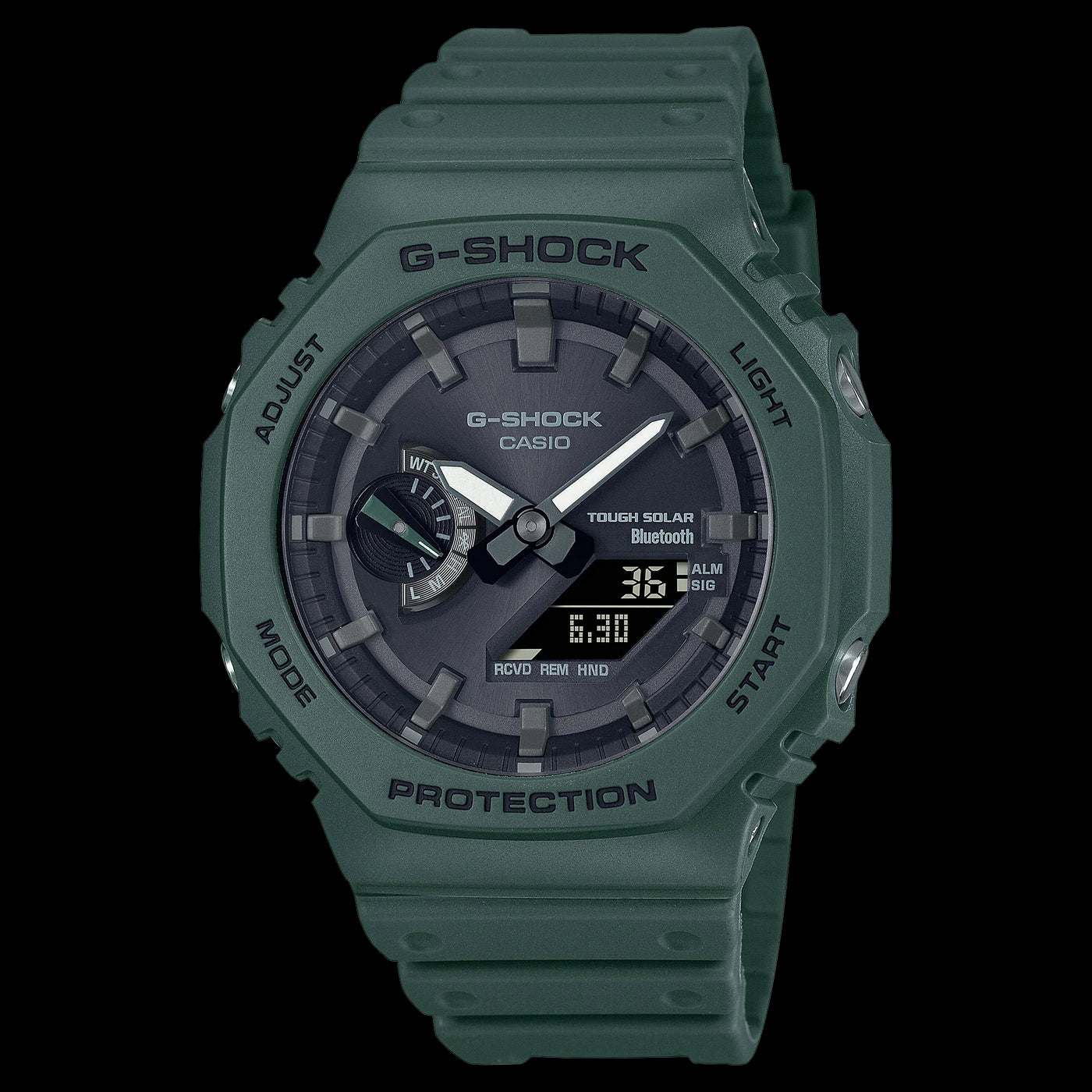 Ga 2100 Duo Blue Tooth Slim Alarm 200M Blk Face Green Resin G Shock Watch