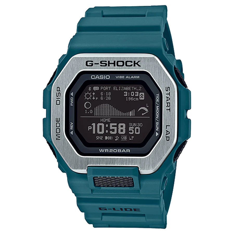 G Shock G-Lide Dig 200M Alarm Blk Face Silver Bezel Blue Resing Band
