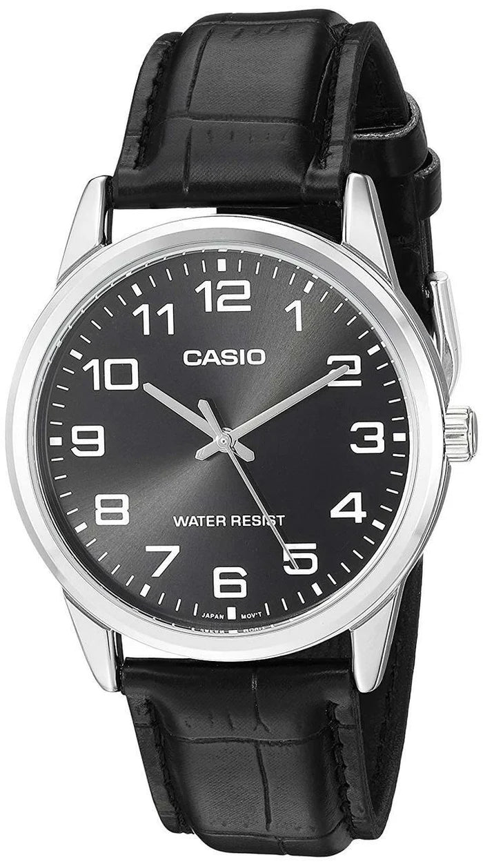 Casio Gents Analoque Black Face /Silver Rim Black Leather Band