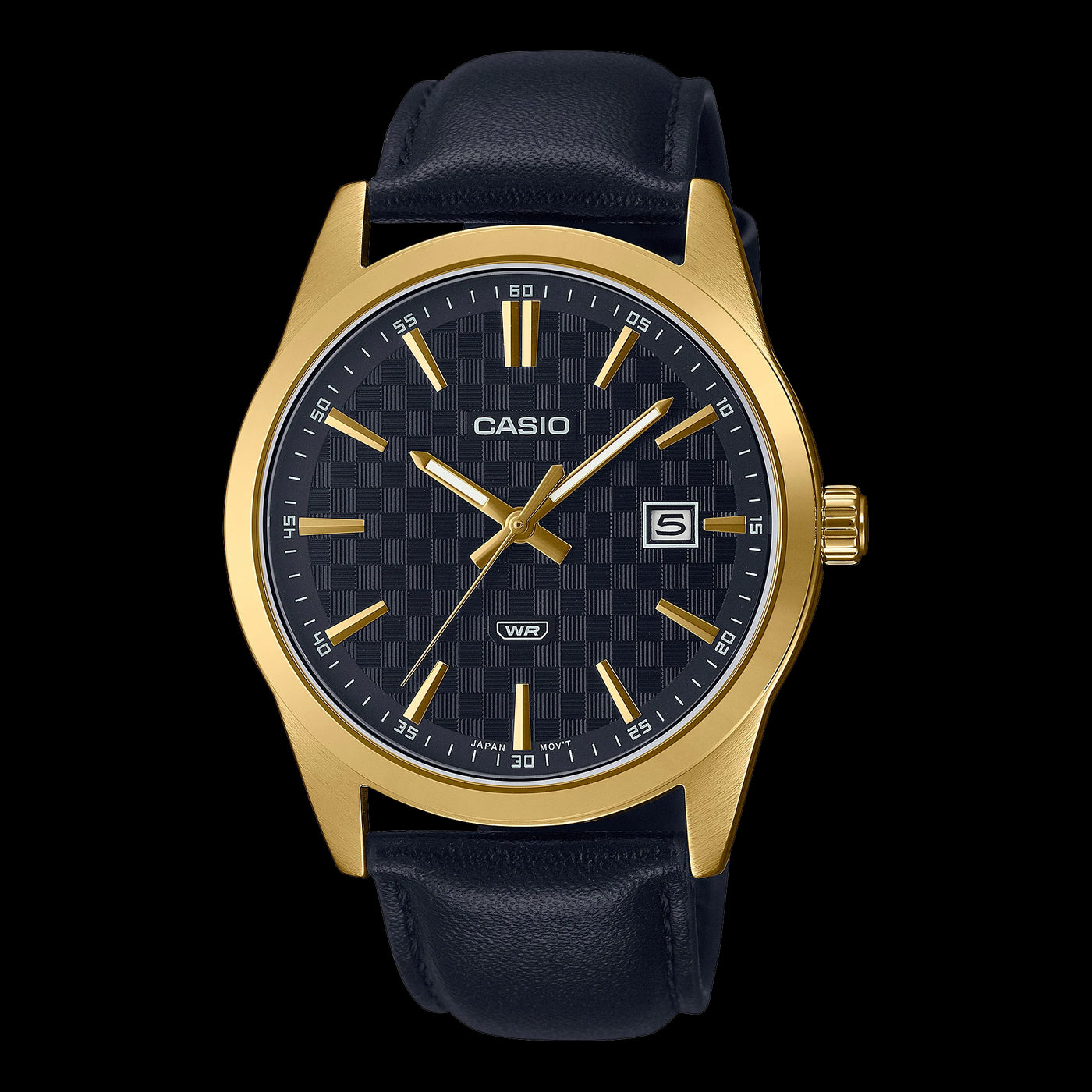 Casio Gents Wr Analoque Black Checker Pattern Face Black Leather Band