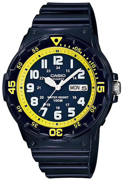 Casio Gents Diver Look 100M Blue Face Yellow Bezel Blue Band Watch