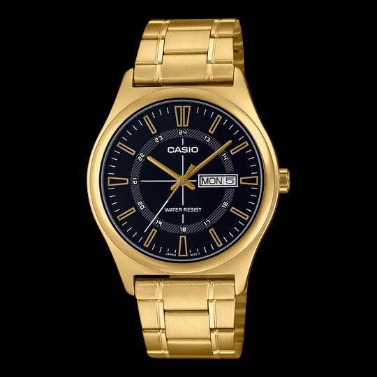 Casio Gents Analoque Wr Black Face Gold Plated S/Steel Band