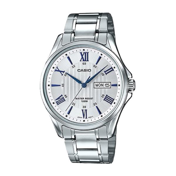 Casio Analoque Gents Safety Catch 100M Wr White Face S/Steel Band